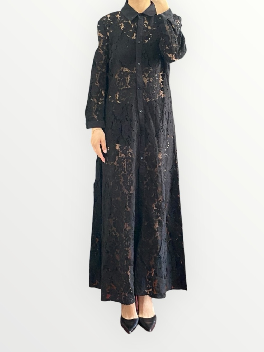 Zara Black Lace Collared Waist Tie Long Dress Size L - Picture 5 of 13